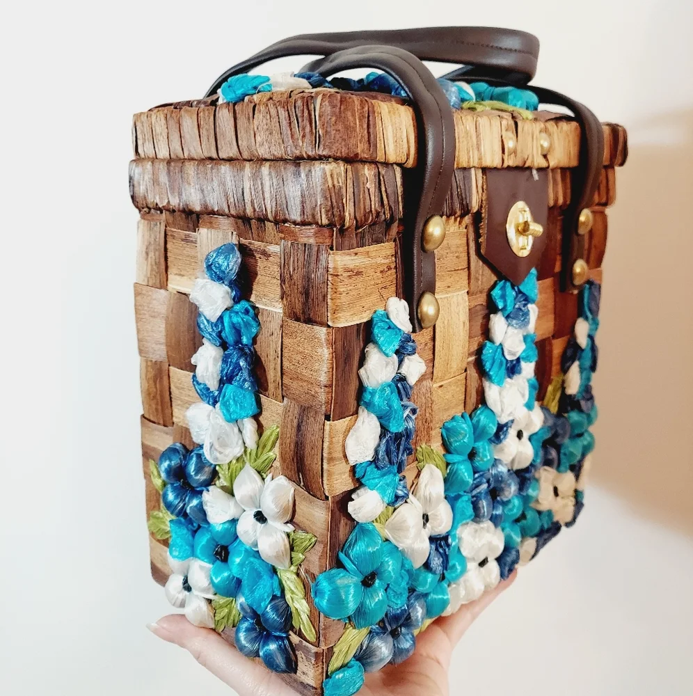 Vintage 50s 60s rockabilly pinup Hawaiian tiki bombshell wicker rattan purse bag - Picture 2 of 8